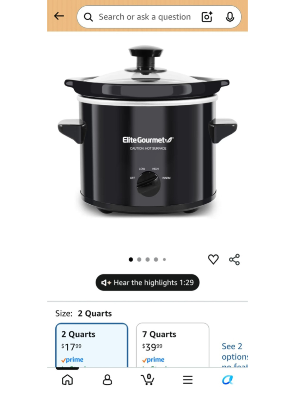 Elite Gourmet 2qt Black Glossy Electric Slow Cooker Temp Control 4-Setting Lid